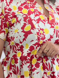 Red And White Floral Printed Premium Cotton V Collar Neck Short Maternity Gown | Free Size |