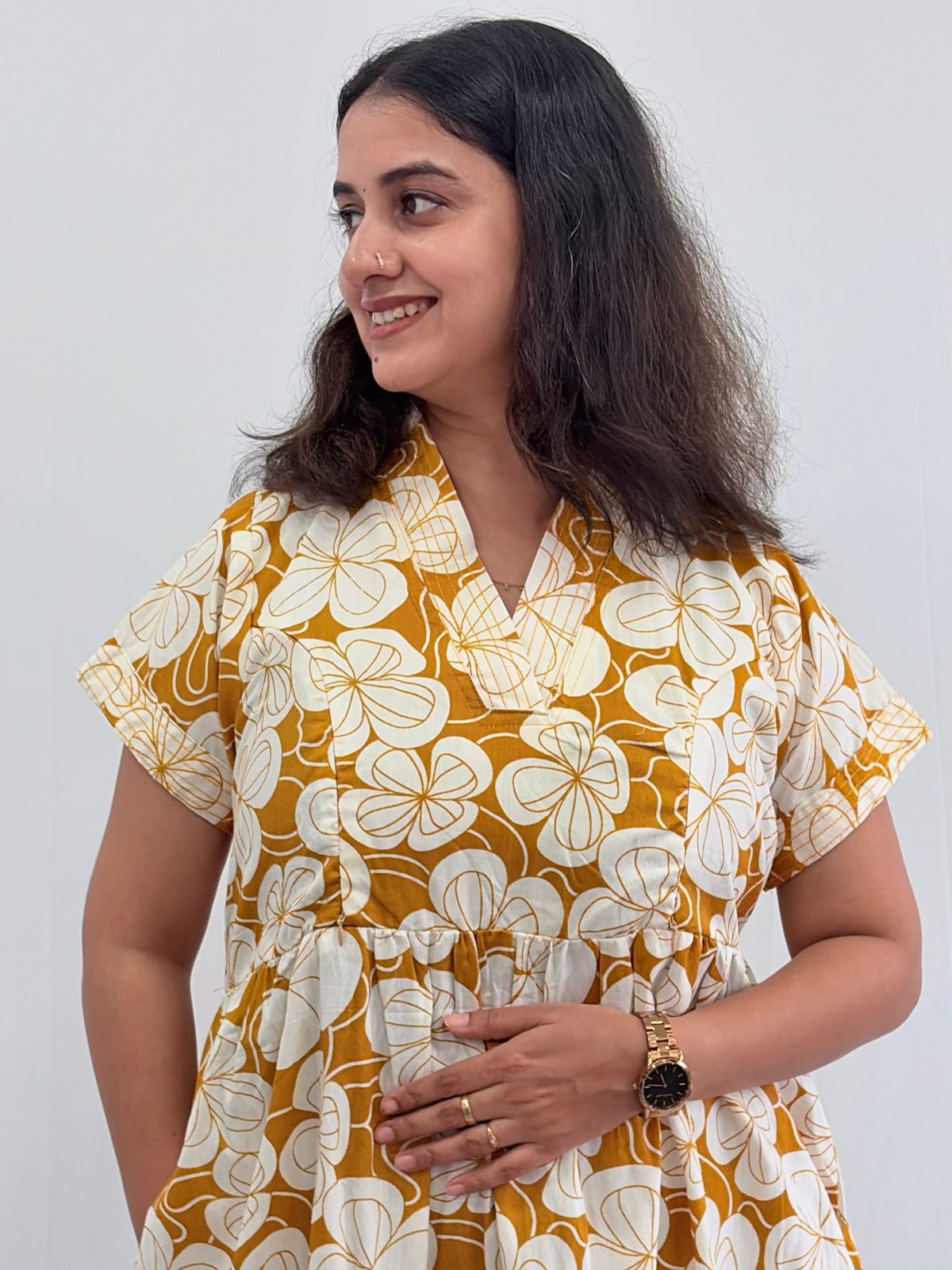 Yellow Floral Printed Premium Cotton V Collar Neck Short Maternity Gown | Free Size |