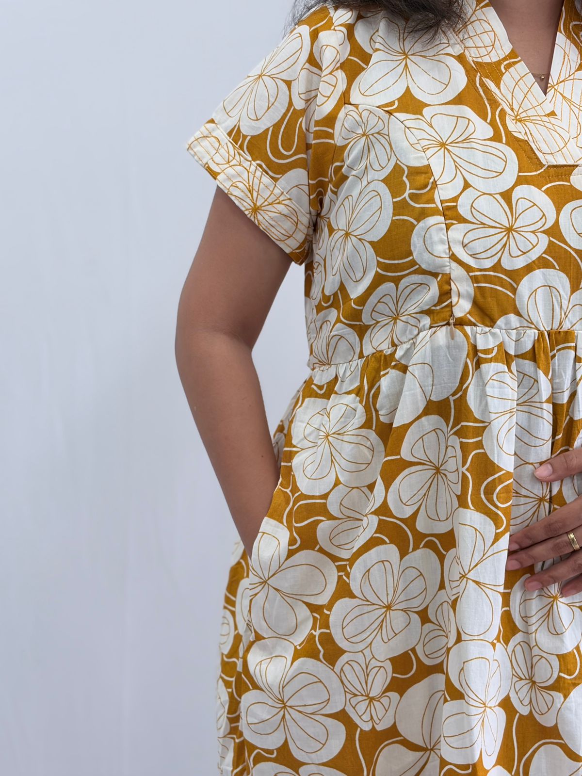 Yellow Floral Printed Premium Cotton V Collar Neck Short Maternity Gown | Free Size |