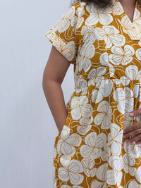 Yellow Floral Printed Premium Cotton V Collar Neck Short Maternity Gown | Free Size |