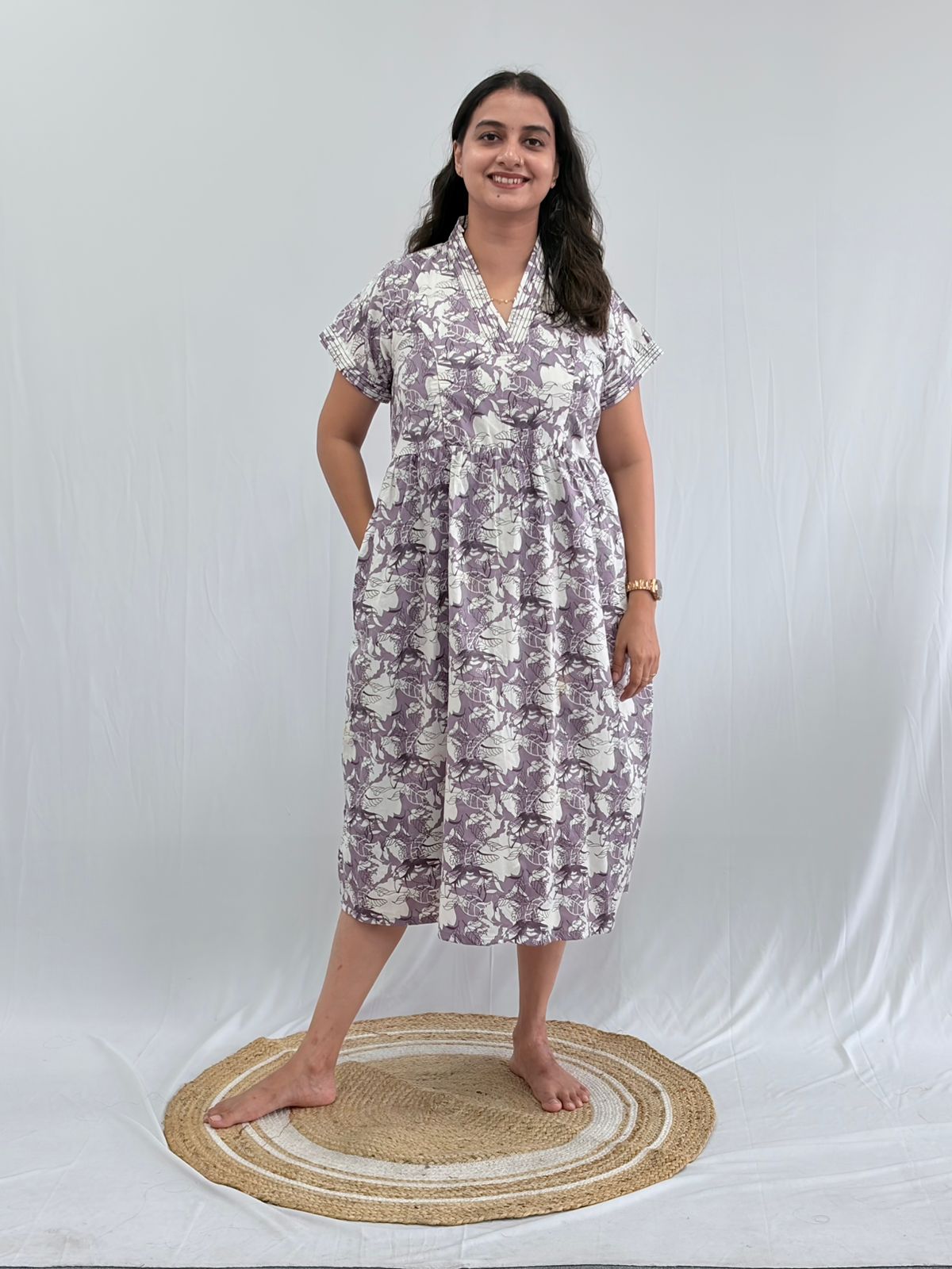 Grey Floral Printed Premium Cotton V Collar Neck Short Maternity Gown | Free Size |