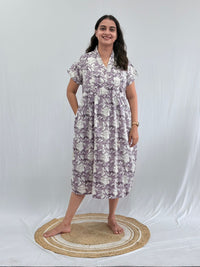 Grey Floral Printed Premium Cotton V Collar Neck Short Maternity Gown | Free Size |