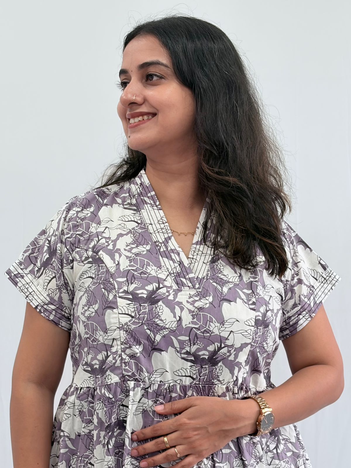 Grey Floral Printed Premium Cotton V Collar Neck Short Maternity Gown | Free Size |