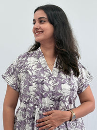 Grey Floral Printed Premium Cotton V Collar Neck Short Maternity Gown | Free Size |