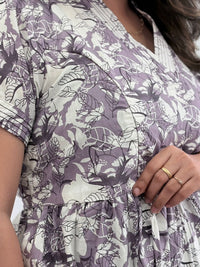Grey Floral Printed Premium Cotton V Collar Neck Short Maternity Gown | Free Size |