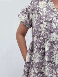 Grey Floral Printed Premium Cotton V Collar Neck Short Maternity Gown | Free Size |