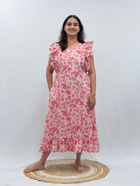Pink Floral Printed Cambric Cotton Ruffle Sleeve Short Maternity Gown | Free Size | Chest Width 44″| Length 44″
