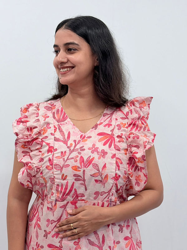 Pink Floral Printed Cambric Cotton Ruffle Sleeve Short Maternity Gown | Free Size | Chest Width 44″| Length 44″