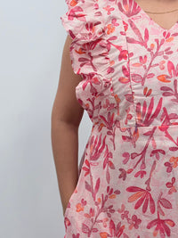 Pink Floral Printed Cambric Cotton Ruffle Sleeve Short Maternity Gown | Free Size | Chest Width 44″| Length 44″