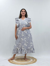 Grey Floral Printed Cambric Cotton Ruffle Sleeve Short Maternity Gown | Free Size | Chest Width 44″| Length 44″