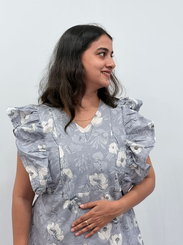Grey Floral Printed Cambric Cotton Ruffle Sleeve Short Maternity Gown | Free Size | Chest Width 44″| Length 44″