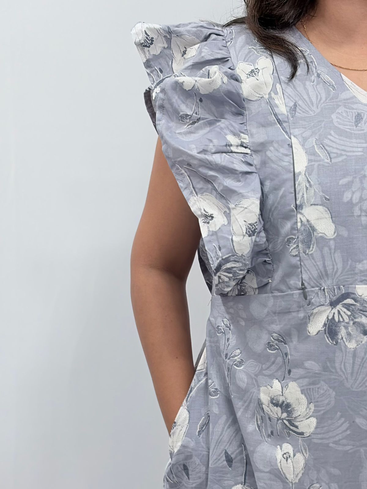 Grey Floral Printed Cambric Cotton Ruffle Sleeve Short Maternity Gown | Free Size | Chest Width 44″| Length 44″