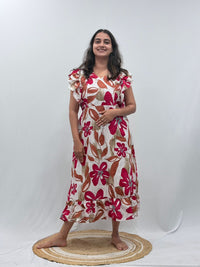 Pink And White Floral Printed Cambric Cotton Ruffle Sleeve Short Maternity Gown | Free Size | Chest Width 44″| Length 44″