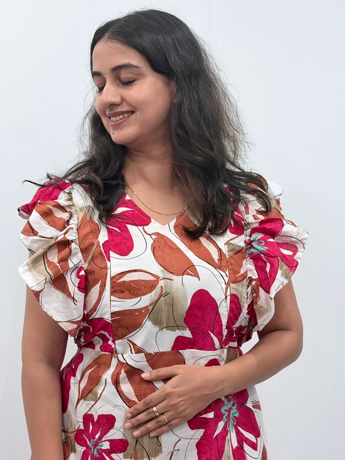 Pink And White Floral Printed Cambric Cotton Ruffle Sleeve Short Maternity Gown | Free Size | Chest Width 44″| Length 44″