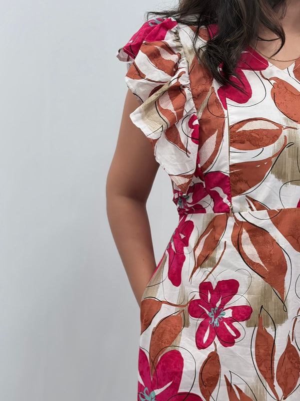 Garage Sale - Pink And White Floral Printed Cambric Cotton Ruffle Sleeve Short Maternity Gown