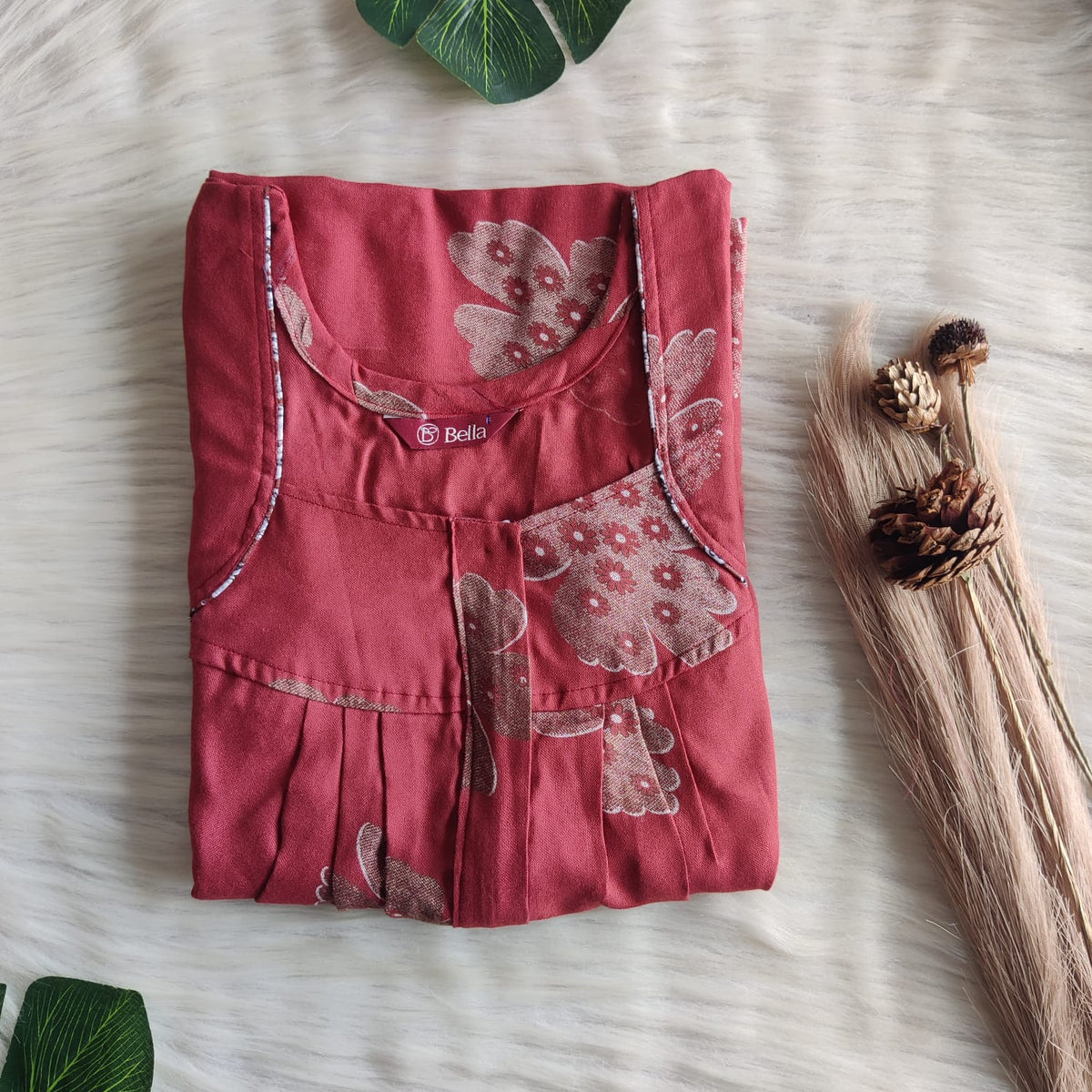 Brick Orange Printed Alfine Pleated Zip Nighty | Free Size | Chest Width 44″| Length 54″-55″