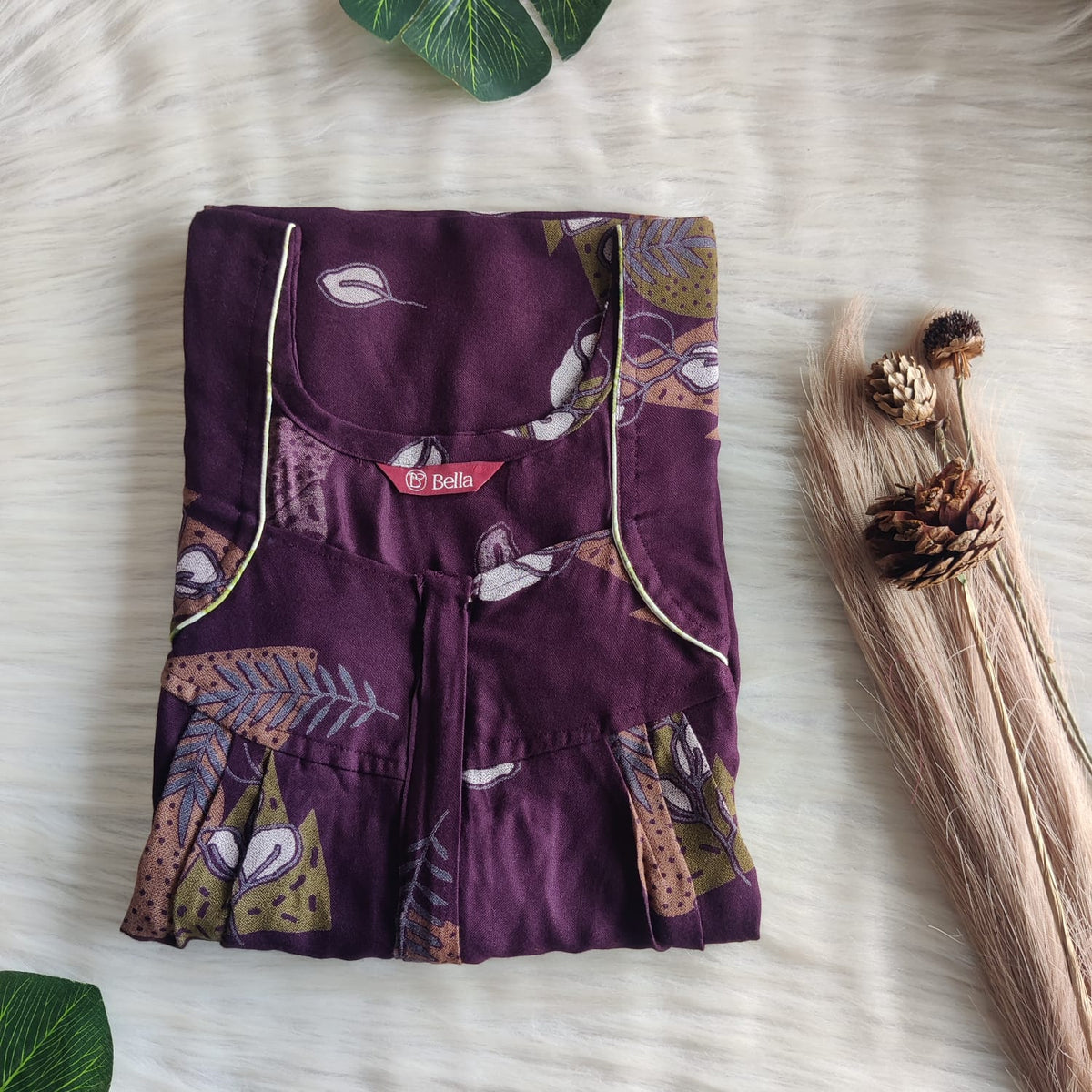 Green Printed Wine Alfine Pleated Zip Nighty | Free Size | Chest Width 44″| Length 54″-55″