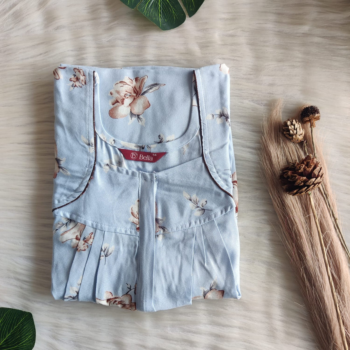Pastel Blue Printed Alfine Pleated Zip Nighty | Free Size | Chest Width 44″| Length 54″-55″