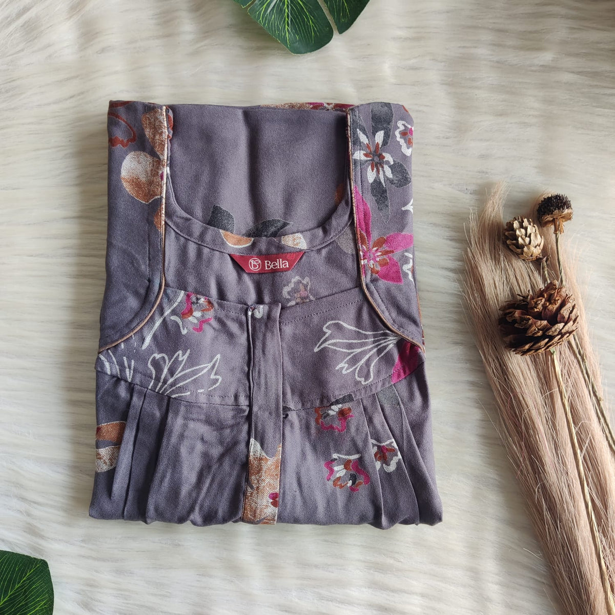 Ash Grey Printed Alfine Pleated Zip Nighty | Free Size | Chest Width 44″| Length 54″-55″