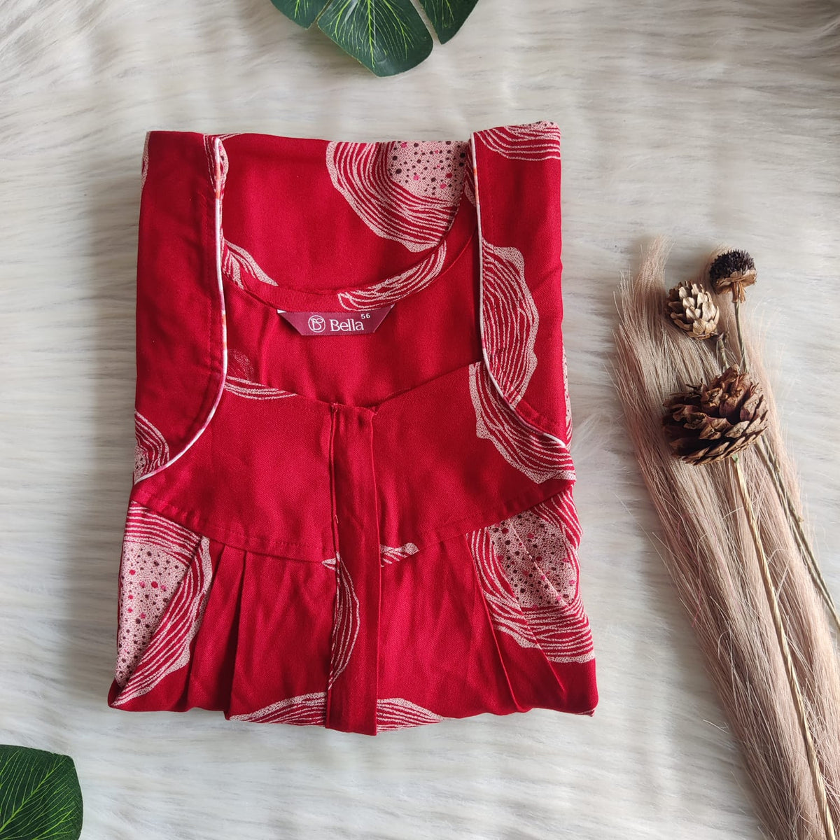 Red Printed Alfine Pleated Zip Nighty | Free Size | Chest Width 44″| Length 54″-55″