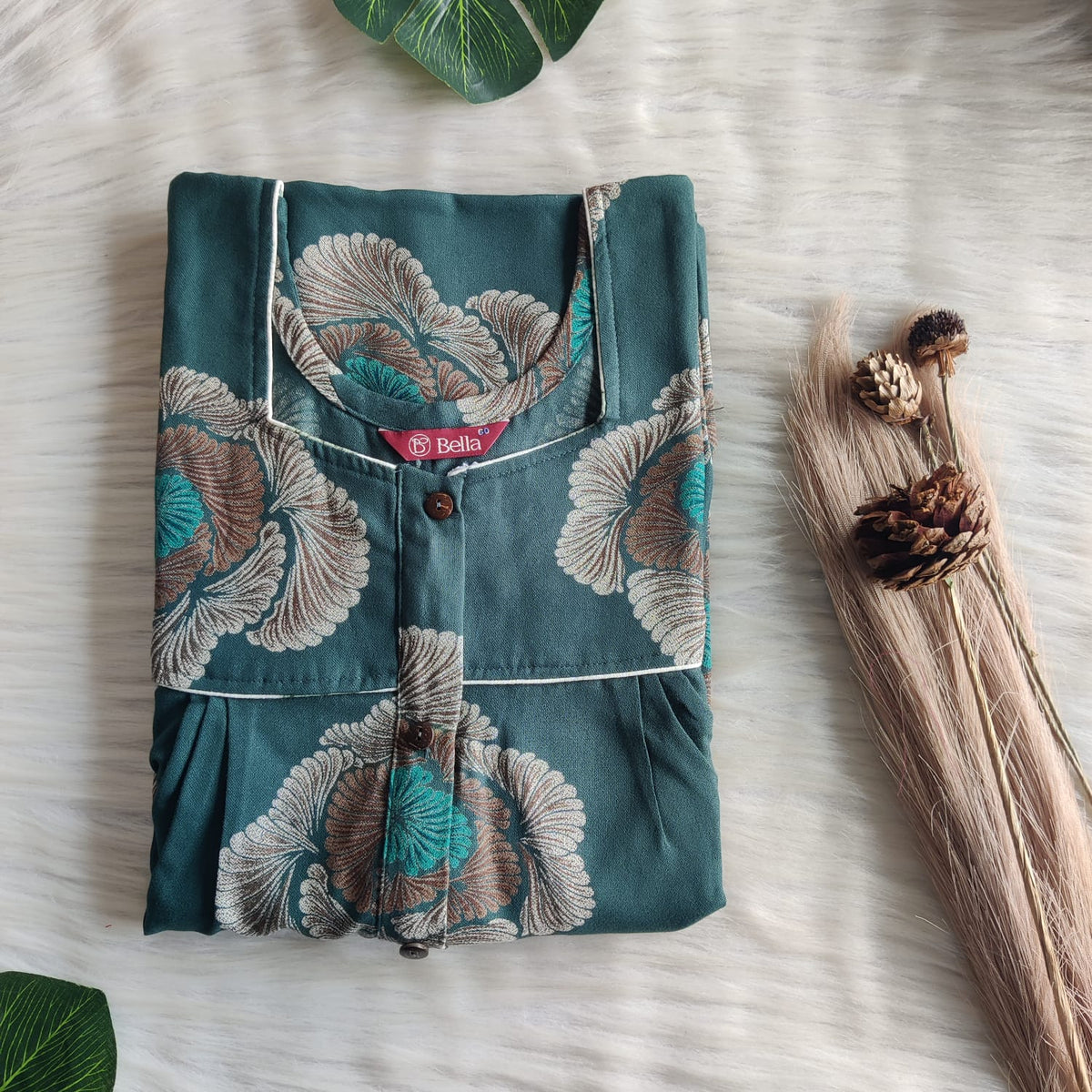 Cream Floral Printed Green Alfine Button Zip Nighty | Free Size | Chest Width 44″| Length 54″-56″