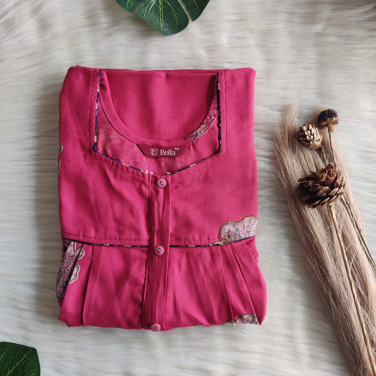 Beetroot Pink Printed Alfine Button Zip Nighty | Free Size | Chest Width 44″| Length 54″-56″