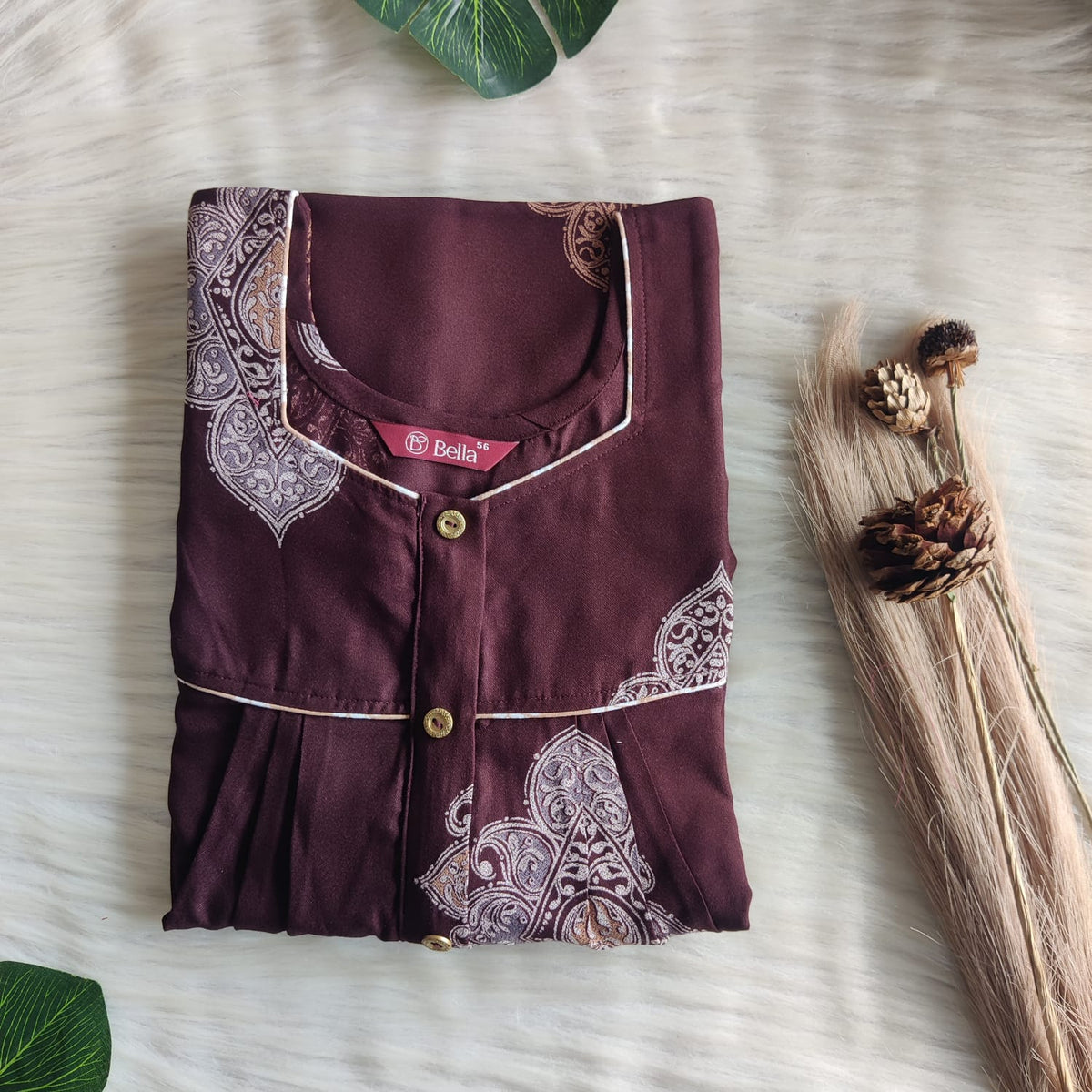 Coffee Brown Printed Alfine Button Zip Nighty | Free Size | Chest Width 44″| Length 54″-56″