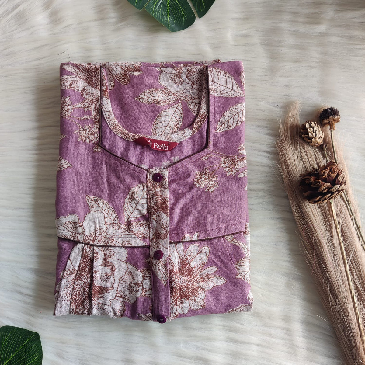 Lavender Floral Printed Alfine Button Zip Nighty | Free Size | Chest Width 44″| Length 54″-56″