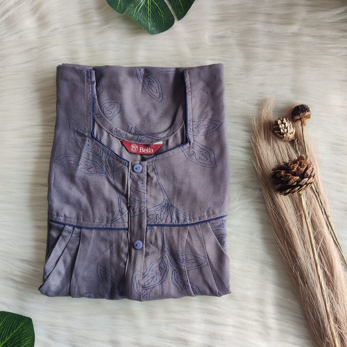 Ash Blue Printed Alfine Button Zip Nighty | Free Size | Chest Width 44″| Length 54″-56″