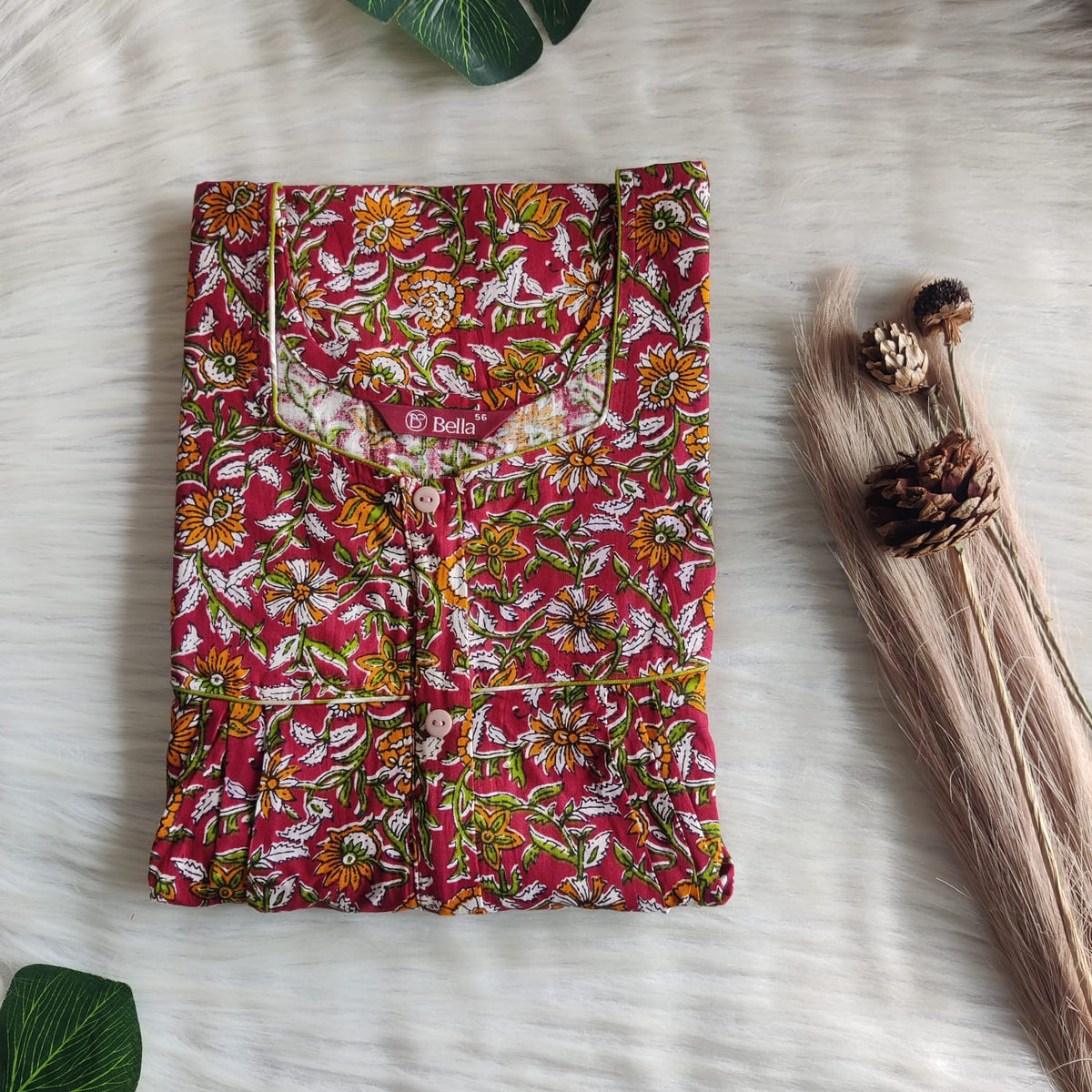 Yellow Floral Printed Maroon Printed Premium Cotton Button Zip Nighty | Free Size | Chest Width 44″| Length 55″-56″