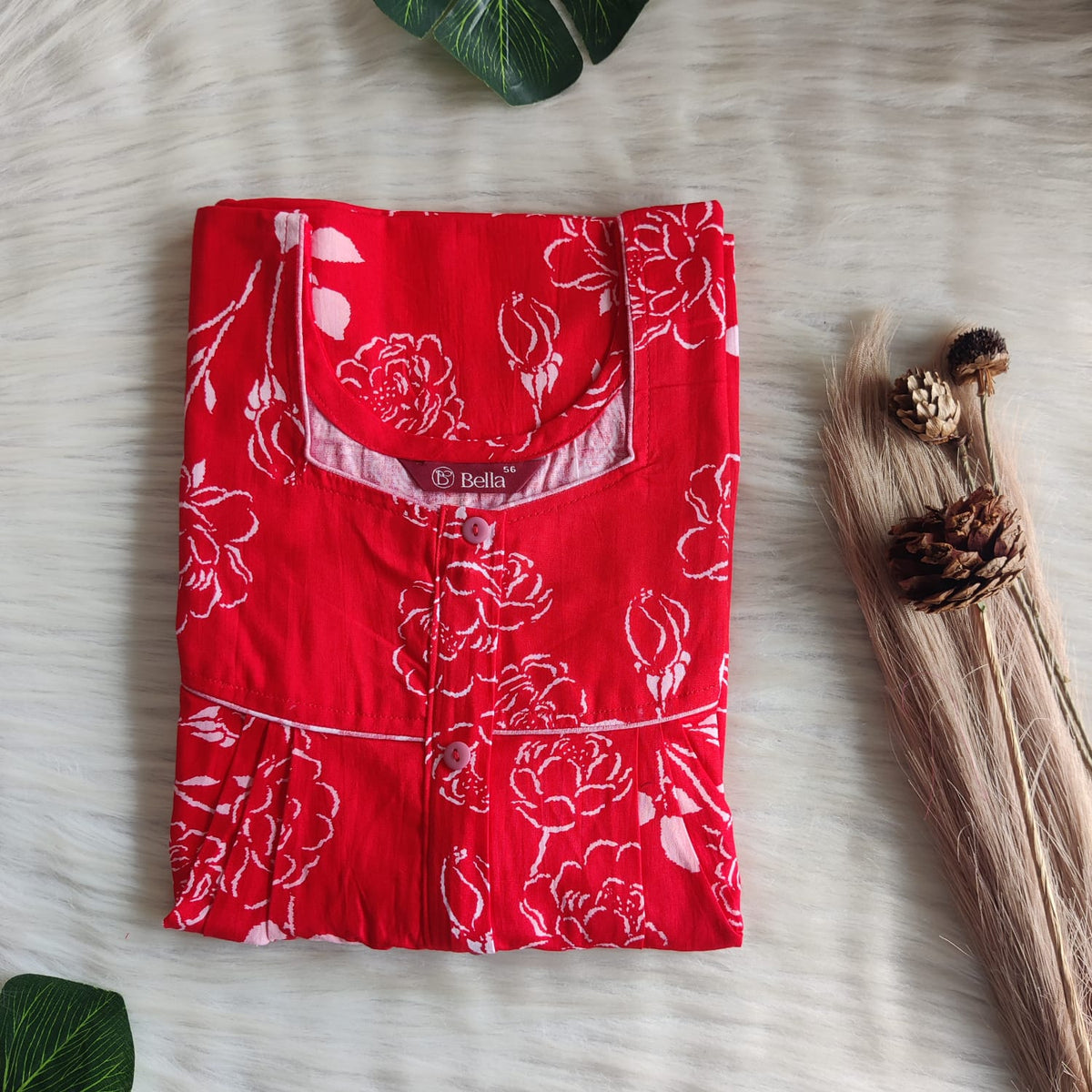 Red Floral Printed Printed Premium Cotton Button Zip Nighty | Free Size | Chest Width 44″| Length 55″-56″