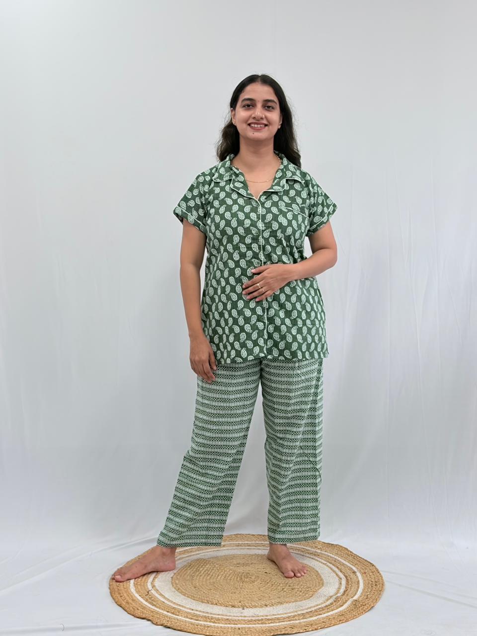 Green kalamkari Printed Kantha Cotton Shirt Pyjama Set | Free Size |