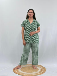 Green kalamkari Printed Kantha Cotton Shirt Pyjama Set | Free Size |