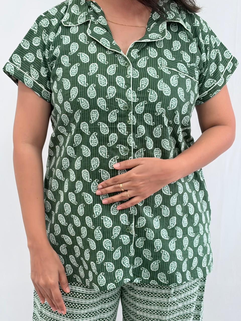 Green kalamkari Printed Kantha Cotton Shirt Pyjama Set | Free Size |