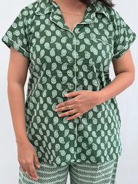 Green kalamkari Printed Kantha Cotton Shirt Pyjama Set | Free Size |