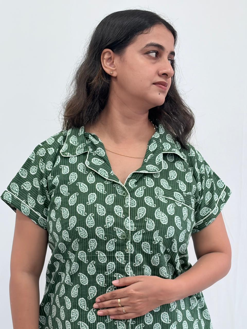 Green kalamkari Printed Kantha Cotton Shirt Pyjama Set | Free Size |