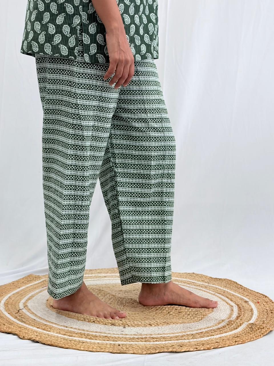 Green kalamkari Printed Kantha Cotton Shirt Pyjama Set | Free Size |