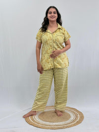 Yellow Floral Printed Kantha Cotton Shirt Pyjama Set | Free Size |