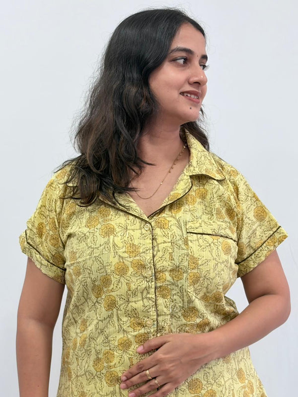 Yellow Floral Printed Kantha Cotton Shirt Pyjama Set | Free Size |
