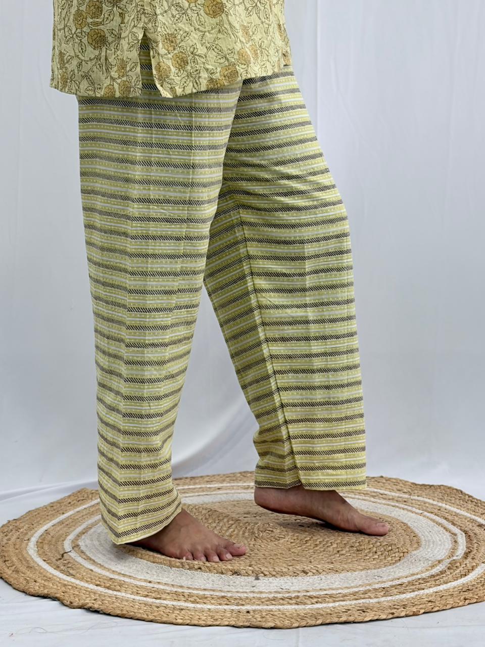 Yellow Floral Printed Kantha Cotton Shirt Pyjama Set | Free Size |