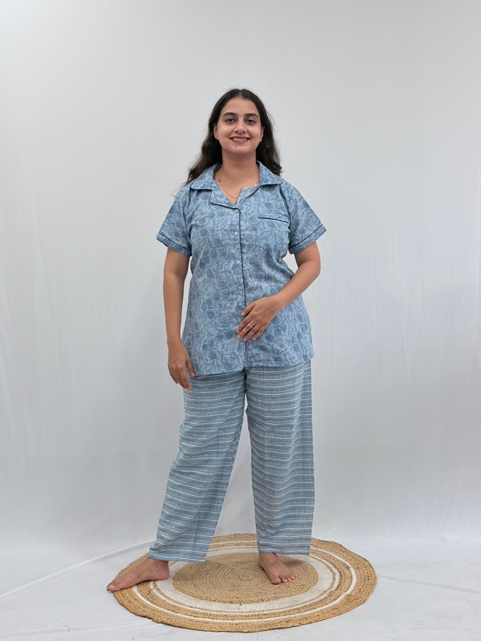 Pastel Blue Floral Printed Kantha Cotton Shirt Pyjama Set | Free Size |