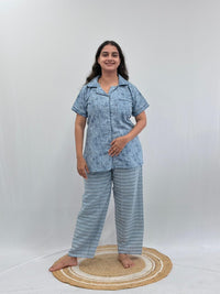 Pastel Blue Floral Printed Kantha Cotton Shirt Pyjama Set | Free Size |