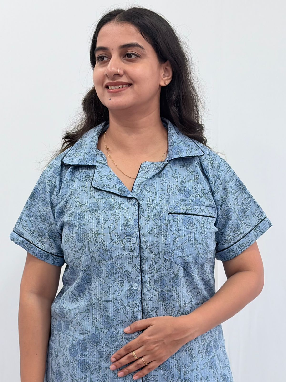 Pastel Blue Floral Printed Kantha Cotton Shirt Pyjama Set | Free Size |