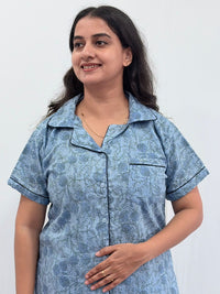 Pastel Blue Floral Printed Kantha Cotton Shirt Pyjama Set | Free Size |