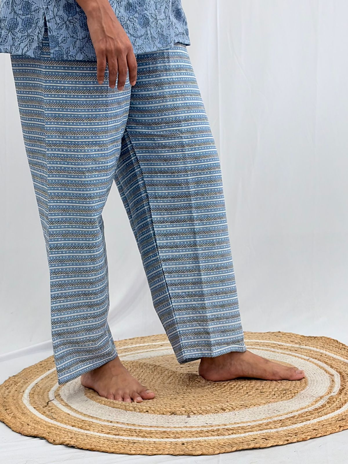 Pastel Blue Floral Printed Kantha Cotton Shirt Pyjama Set | Free Size |