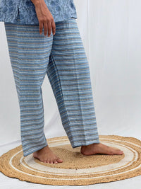 Pastel Blue Floral Printed Kantha Cotton Shirt Pyjama Set | Free Size |
