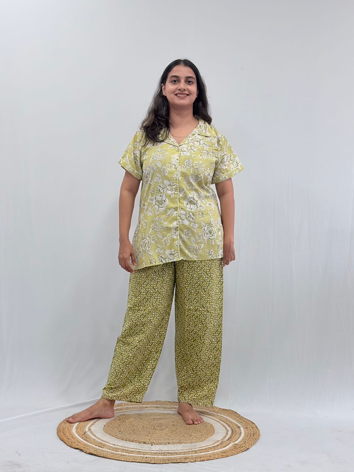 Pale Green Floral Printed Kantha Cotton Shirt Pyjama Set | Free Size |