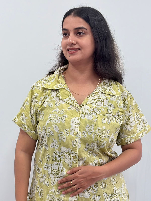 Pale Green Floral Printed Kantha Cotton Shirt Pyjama Set | Free Size |