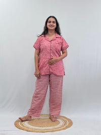 Pink Floral Printed Kantha Cotton Shirt Pyjama Set | Free Size |