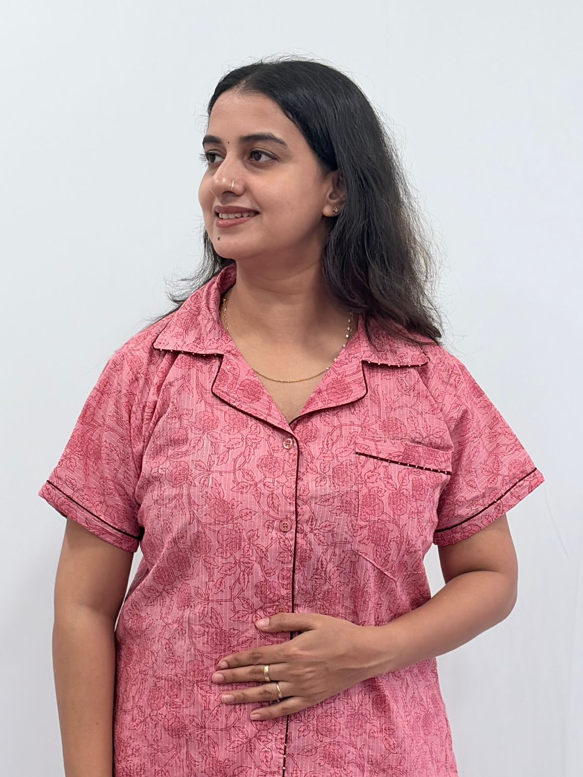 Pink Floral Printed Kantha Cotton Shirt Pyjama Set | Free Size |